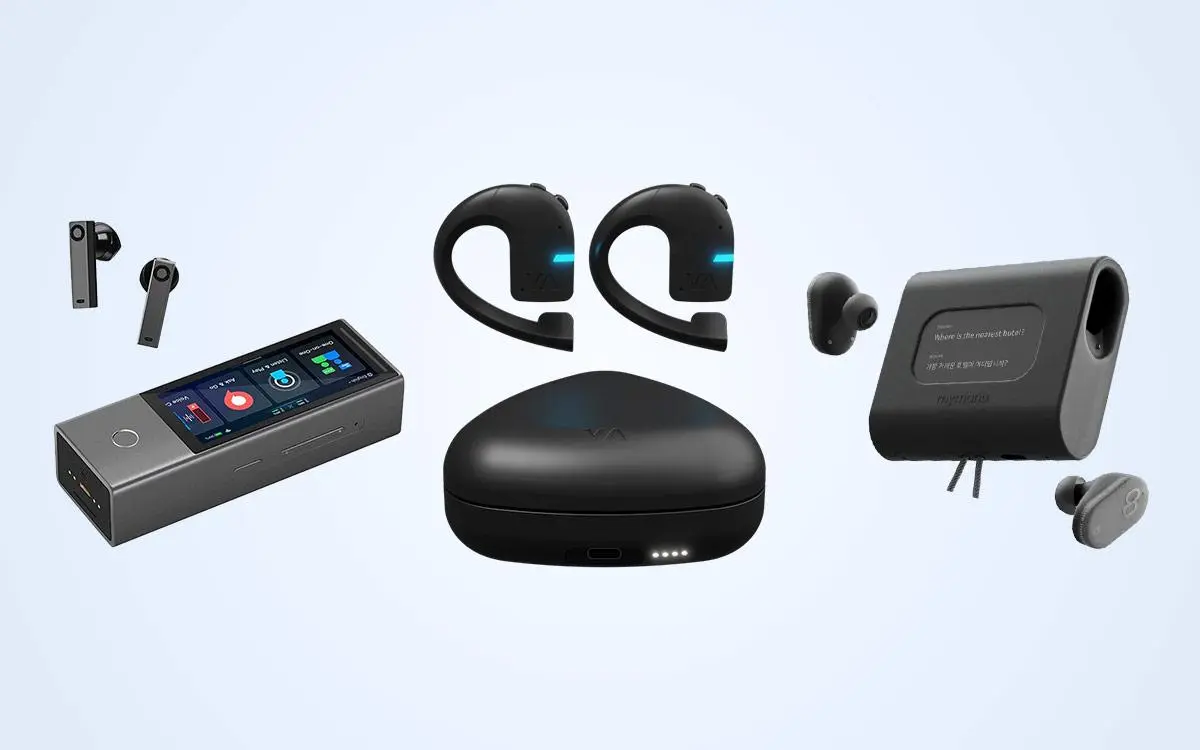 Comparison of translation earbuds: Vasco Translator E1, Timekettle WT2 Edge and Mymanu CLIK Pro.